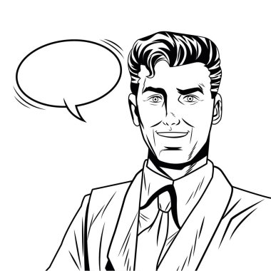 Pop art işadamı konuşma balonu siyah beyaz