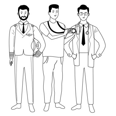 Profesyoneller işçi karakterleri siyah beyaz karikatürler gülümseyen