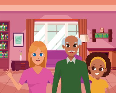Mutlu aile ev karikatürler içinde gülümseyen