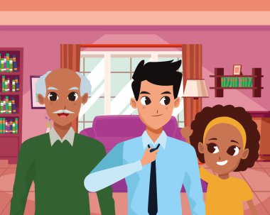Mutlu aile ev karikatürler içinde gülümseyen