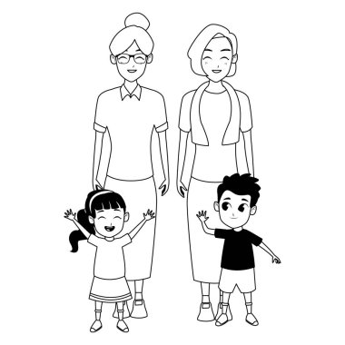 Siyah beyaz aile dedesi ve torunları karikatürler