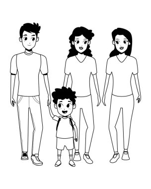 Siyah beyaz çocuklu aile genç ebeveynler karikatür