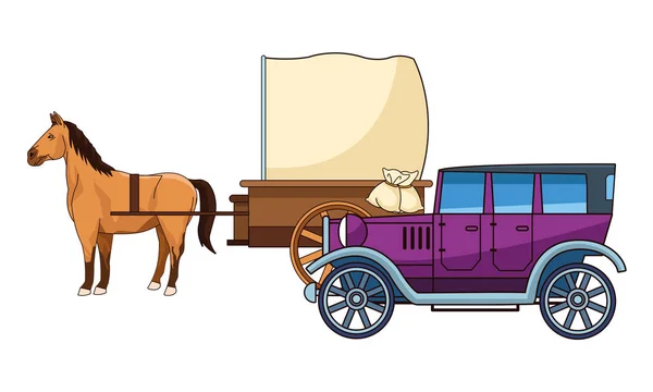 Classic cars and horse carriages vehicles — Stock Vector