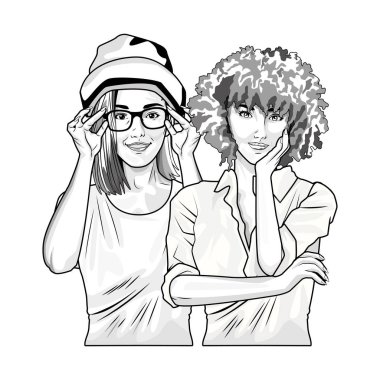 Pop art moda ve siyah beyaz güzel kadın karikatür