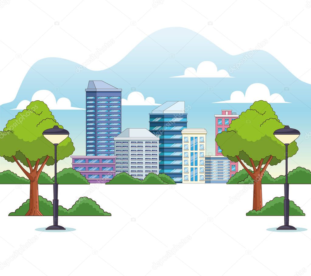 City buildings and park with trees scenery