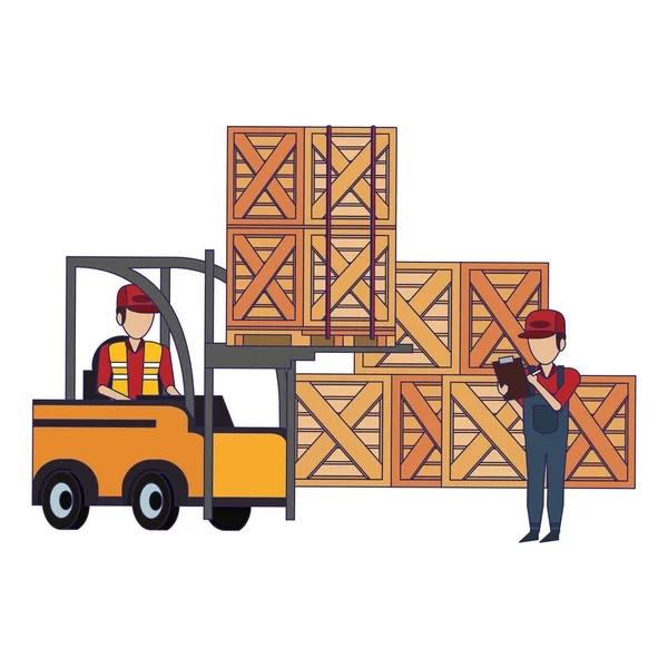 Ouvriers d'entrepôt avec des lignes bleues de marchandises — Image vectorielle