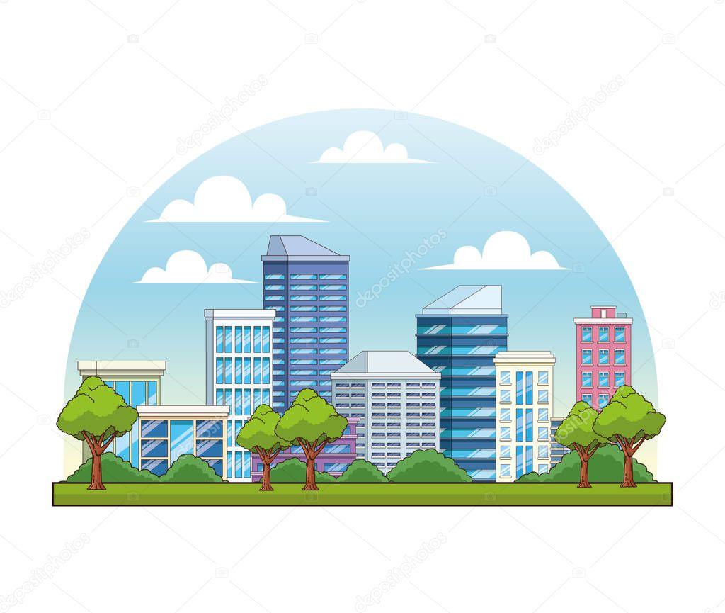 City buildings and park with trees scenery