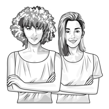 Pop art güzel kadın siyah beyaz karikatür gülümseyen