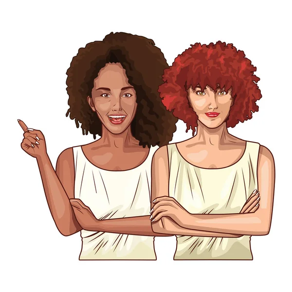 Pop arte hermosas mujeres sonriendo dibujos animados — Vector de stock