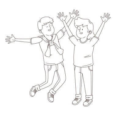 Gençler arkadaşlar gülümseyen ve siyah beyaz eğlenceli karikatür sahip