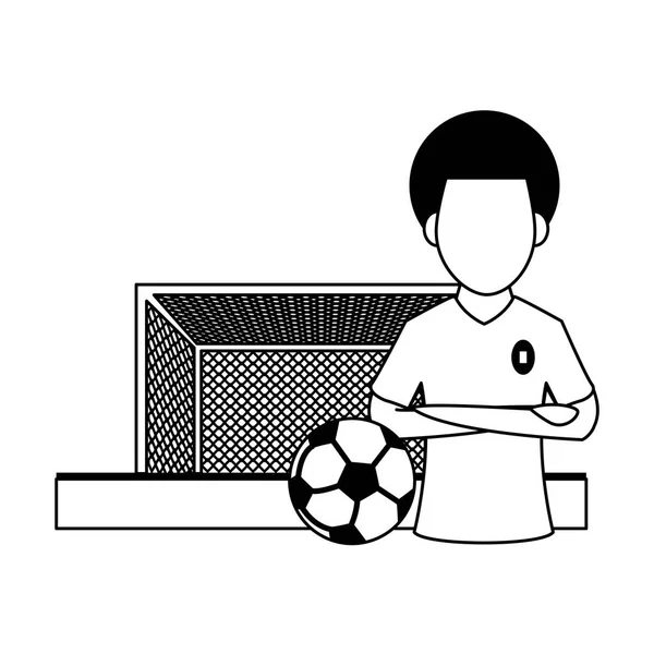 Fútbol jugador deporte juego de dibujos animados en blanco y negro — Vector de stock