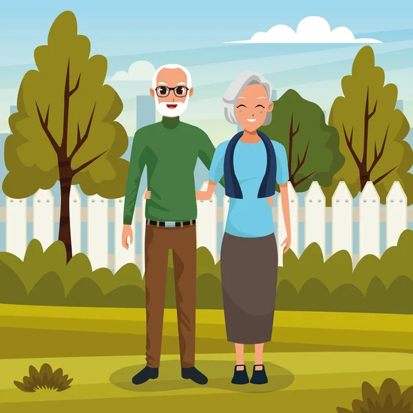 Abuelos pareja sonriendo en la naturaleza de dibujos animados — Vector de stock