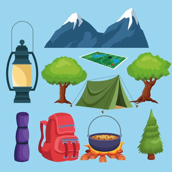 Camping elements and landscape icons cartoon — Stock Vector