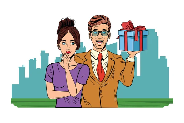 Couple avatar with gift box pop art — 스톡 벡터