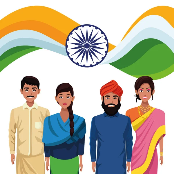 Indyjscy etniczni ludzie z flagą i godłami koła — Wektor stockowy
