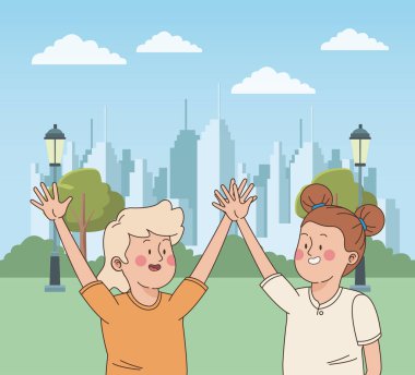 Gençler arkadaşlar gülümseyen ve eğlenceli karikatür sahip