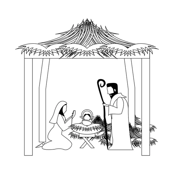 Merry Christmas födelse kristen tecknad i svart och vitt — Stock vektor
