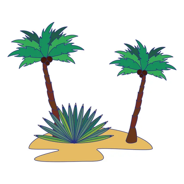 Playa con arena y palmeras de árboles paisaje dibujos animados aislados — Vector de stock