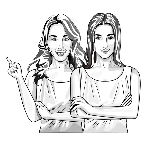 Pop arte mulheres bonitas sorrindo desenhos animados em preto e branco —  Vetores de Stock