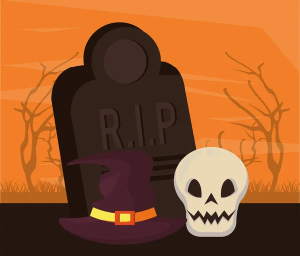 Halloween donker scene met schedel in begraafplaats — Stockvector