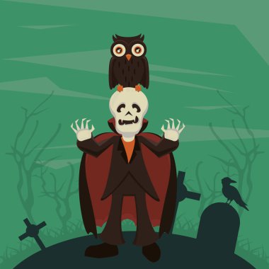 Cadılar bayramı sahnesinde kişi ve kostümlü draakula