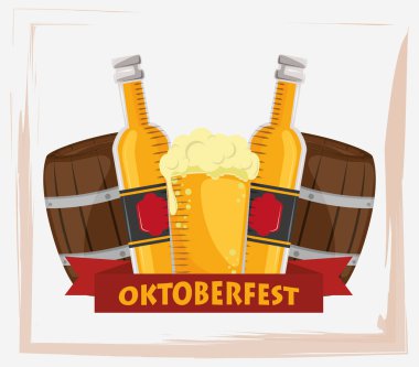 Oktoberfest bira kavanozları ve fıçılarla dolu kutlama posteri