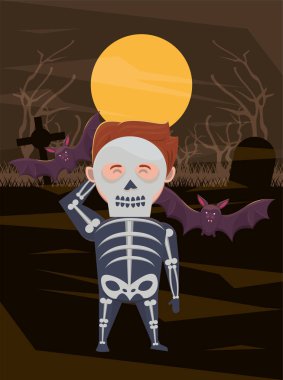 halloween dark scene with man disguised of skeleton