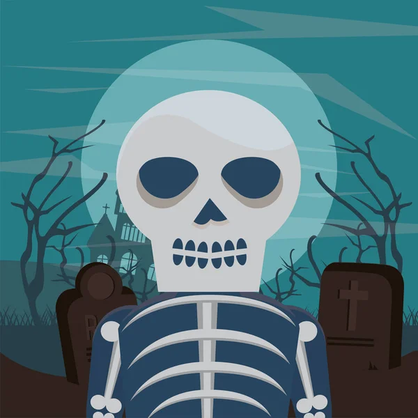 Halloween escuro cena com o homem disfarçado de esqueleto — Vetor de Stock