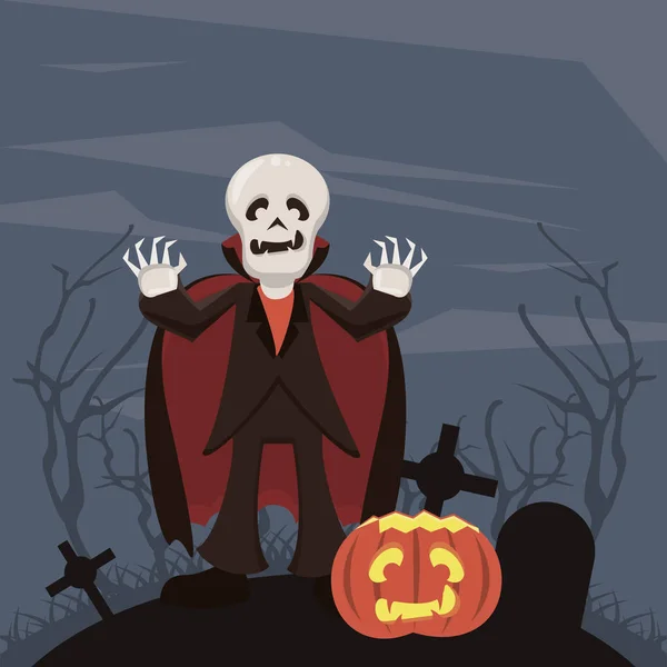 Halloween oscuro escena con persona y traje dracula — Vector de stock