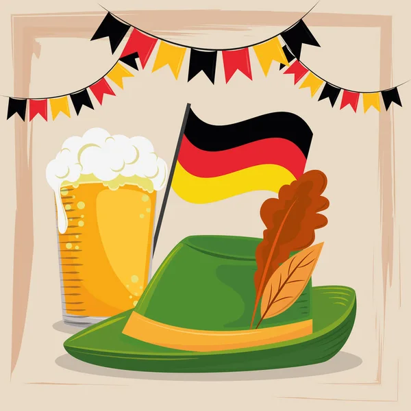 Oktoberfest poster di celebrazione con birra e cappello — Vettoriale Stock