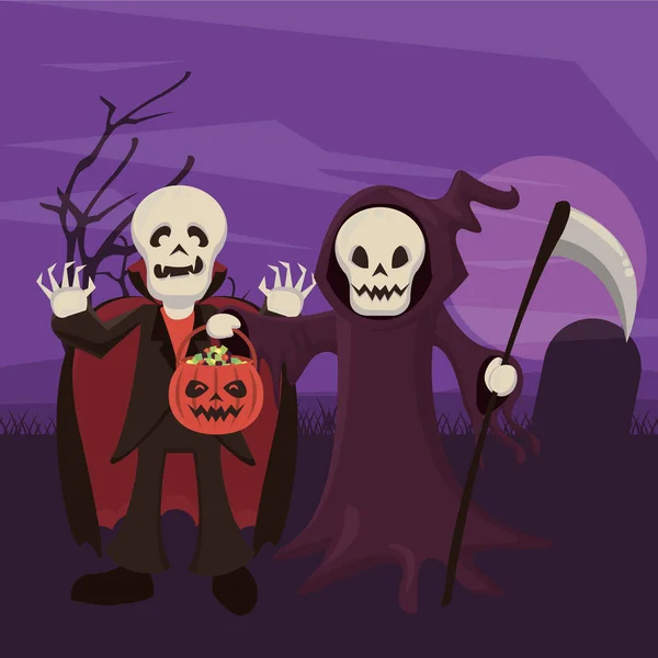 Halloween escena oscura con personas disfrazadas — Vector de stock