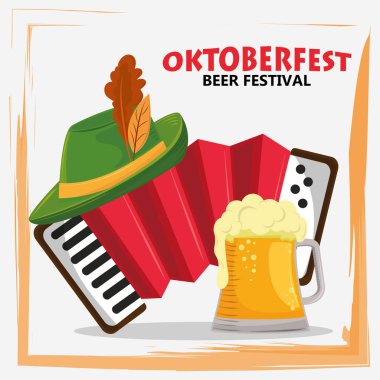 Oktoberfest bira kavanozu ve akordeonlu kutlama posteri