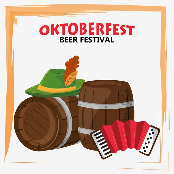 Oktoberfest poster di celebrazione con fusto di birra e fisarmonica — Vettoriale Stock