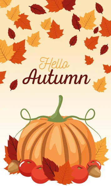 Привіт осінній сезон сцена з гарбузом і листям — стоковий вектор