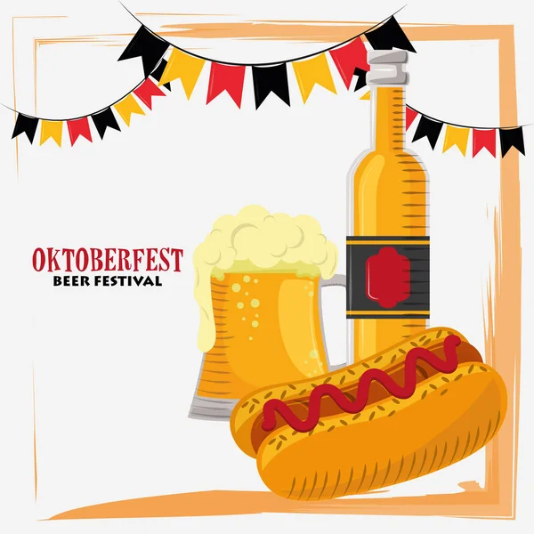 Oktoberfest poster di celebrazione con birra e hot dog — Vettoriale Stock
