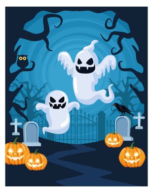 Mezarlıkta hayaletler ve balkabaklarıyla cadılar bayramı sahnesi