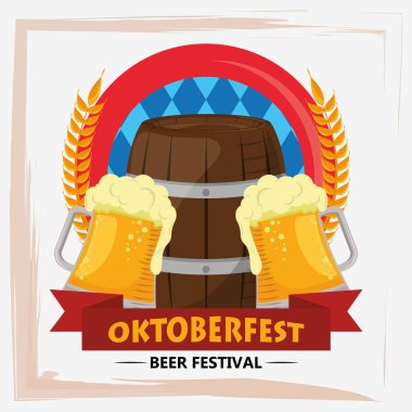 Oktoberfest bira kavanozları ve fıçılarla dolu kutlama posteri