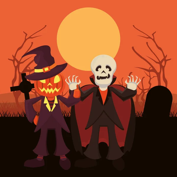 Halloween escena oscura con personas disfrazadas — Vector de stock