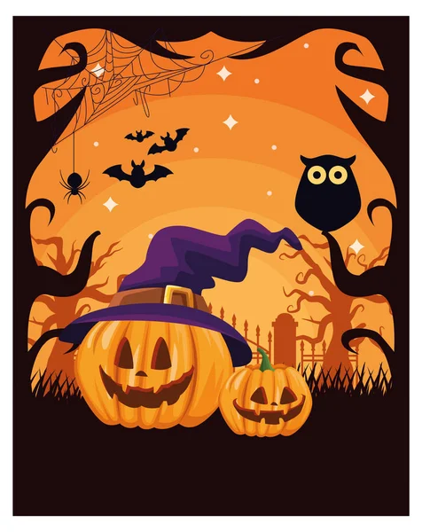 Halloween escuro cena com abóbora e chapéu bruxa —  Vetores de Stock