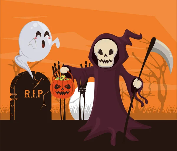 Halloween oscuro escena con el hombre disfrazado de muerte — Vector de stock