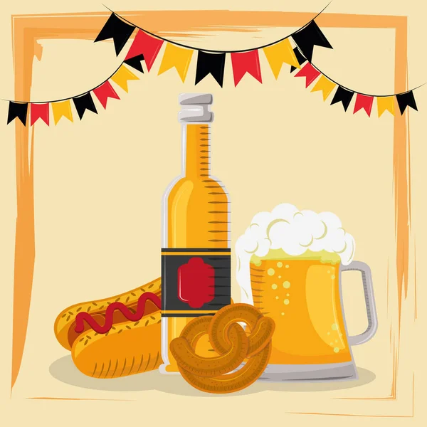 Affiche de célébration oktoberfest avec bière et hot dog — Image vectorielle