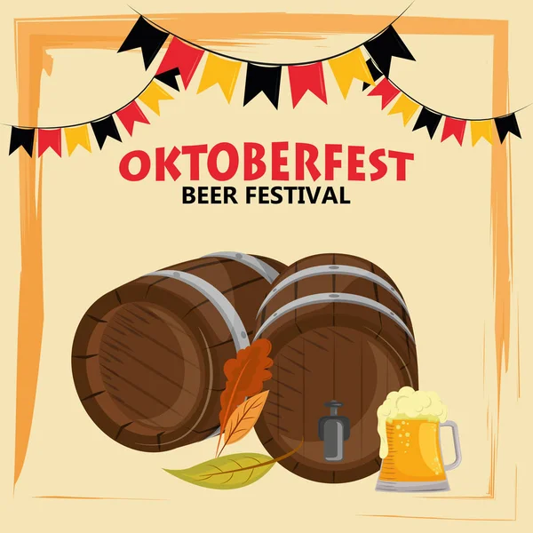 Oktoberfest poster di celebrazione con barili di birra — Vettoriale Stock