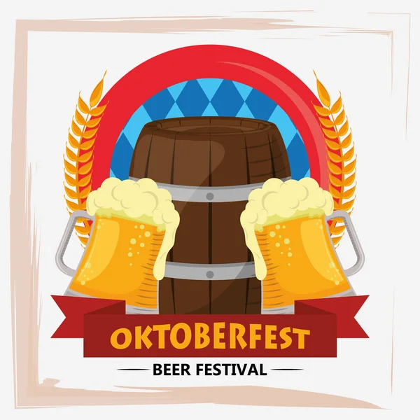 Oktoberfest celebration poster with beers jars and barrels — Stock Vector