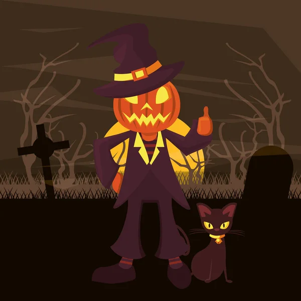 Halloween dark scene with person costume of pumpkin — 스톡 벡터