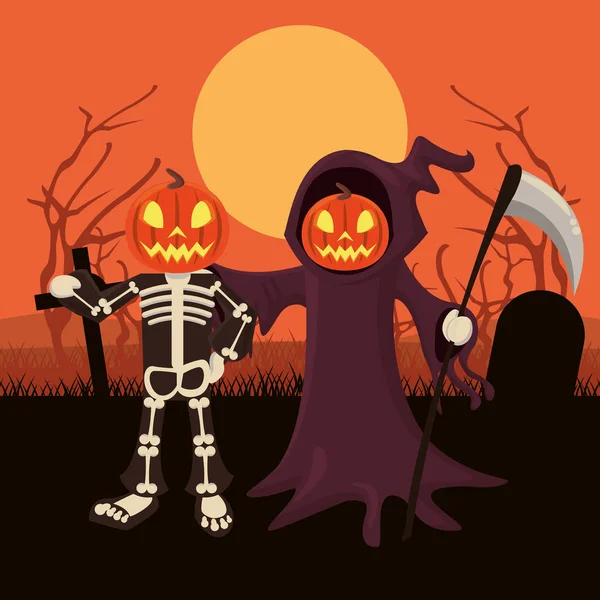 Halloween tmavá scéna s převlečenými osobami — Stockový vektor