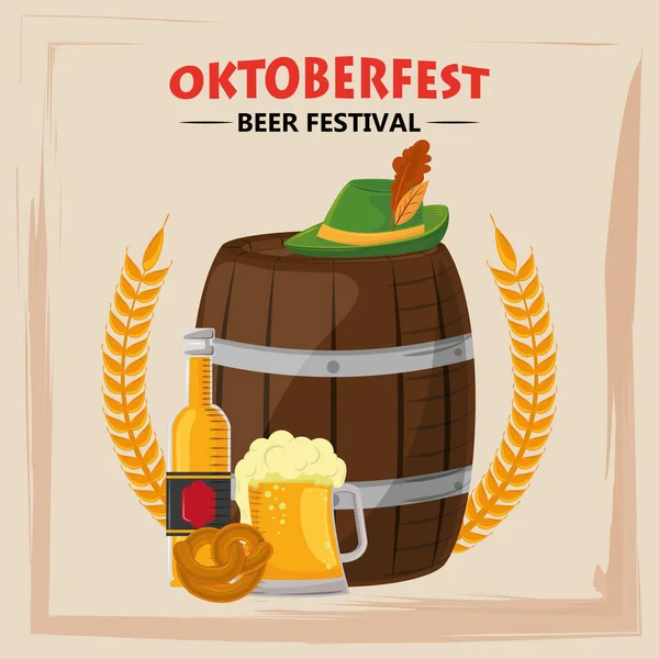 Oktoberfest poster celebrazione con canna di birra e cappello — Vettoriale Stock