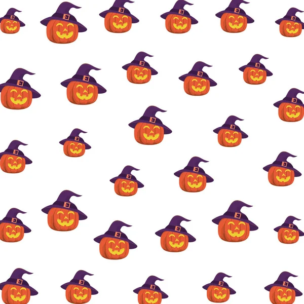 Halloween pumpkins with faces and witch hats pattern — 스톡 벡터
