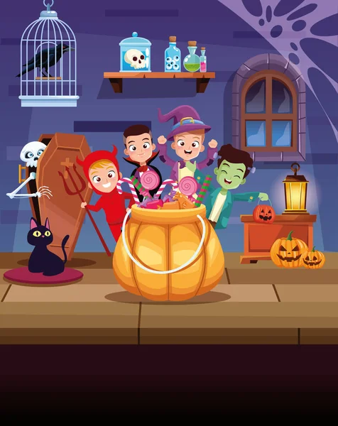 Halloween escuro cena com crianças disfarçadas e abóbora — Vetor de Stock