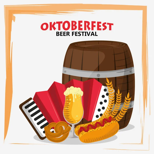 Oktoberfest slavnostní plakát s barelem piva a akordeonem — Stockový vektor
