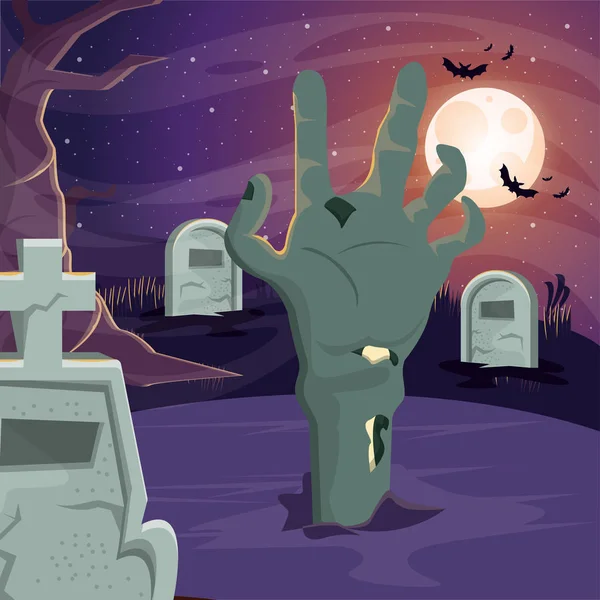 Halloween dark scene with zombie hand in cemetery — Stock Vector